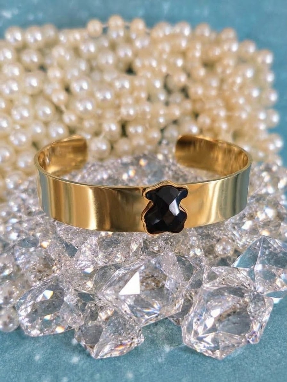 Gold Cuff Bracelet with Black Clover Stone - Women's Jewelry